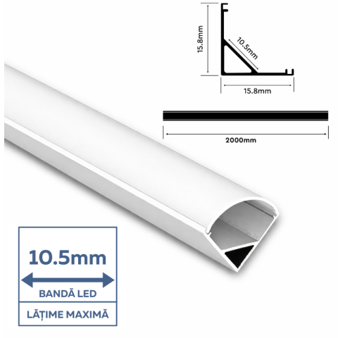 Profil Aluminiu Aplicat pe colț, pentru Bandă LED, 2m, 15.8mm x 15.8mm, corp argintiu, capac mat, V-TAC, SKU-3369 [1]
