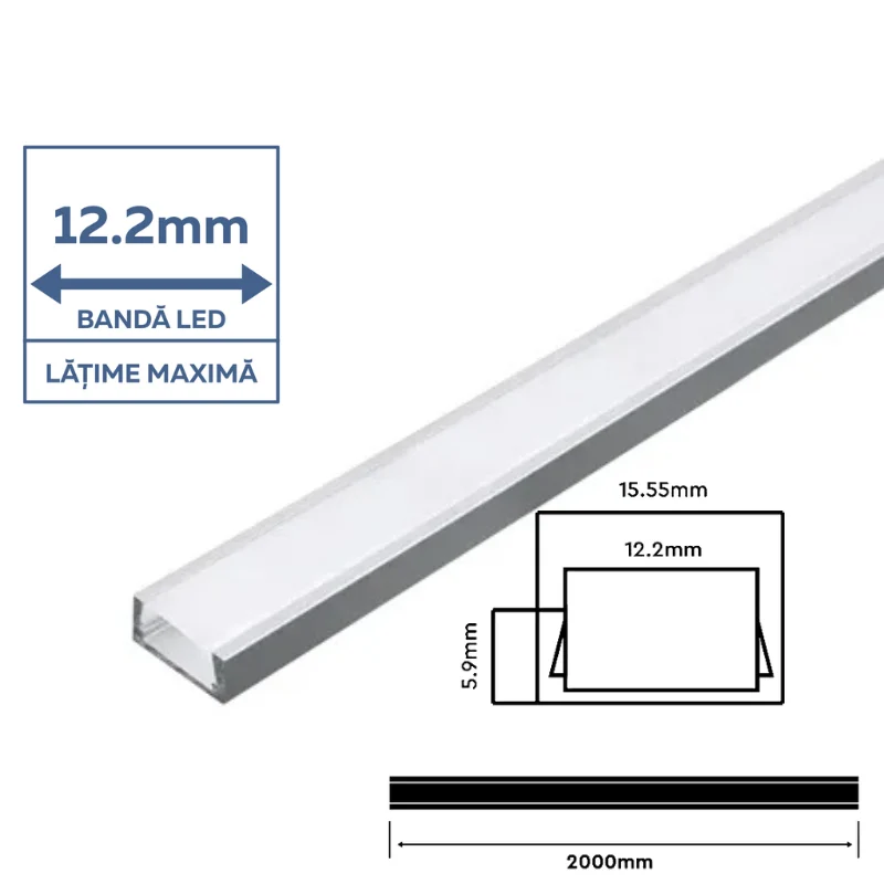 Profil aluminiu aplicat 2 m pentru bandă LED, 15.5x5.9 mm Capac mat, argintiu, V-TAC [1]
