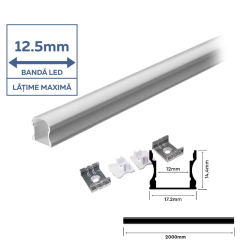 Profil Aluminiu Aplicat pentru Bandă LED, 2m, 17.2mm x 15.5mm, corp argintiu, capac mat, V-TAC, SKU-3366 [1]