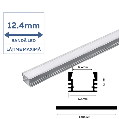 Profil Aluminiu aplicat pentru Bandă LED, 2m, 17.4mm x 12.1mm, capac mat, corp argintiu, V-TAC, SKU-3358 [1]