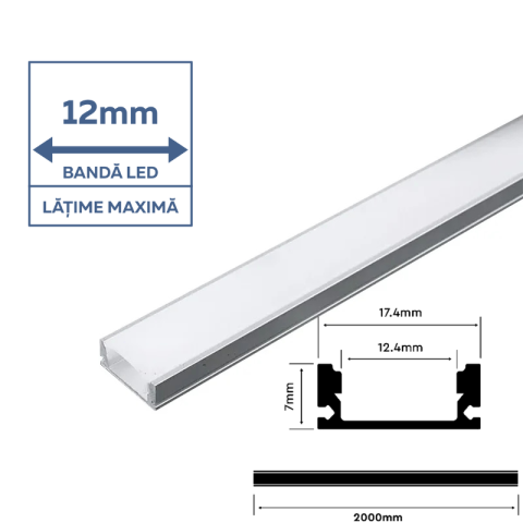 Profil Aluminiu Aplicat pentru Bandă LED, 2m, 17.4mm x 7mm, capac mat, corp argintiu, V-TAC, SKU-3355 [1]