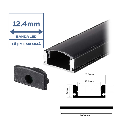 Profil Aluminiu Aplicat pentru Bandă LED, 2m, 17.4mm x 7mm, capac mat, corp negru, V-TAC, SKU-2873 [1]