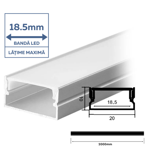 Profil Aluminiu Aplicat pentru Bandă LED 2m – 20mm x 10mm, Capac mat, Corp Argintiu V-TAC 23174 [1]