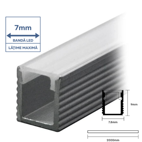 Profil Aluminiu Aplicat pentru Bandă LED, 2m, 7.8mm x 9mm, corp argintiu, capac mat, V-TAC, SKU-2903 [1]