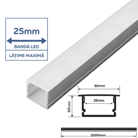 Profil aluminiu aplicat pentru bandă LED, 30mm x 20mm, capac mat, corp argintiu, V-TAC, SKU-3371 [1]