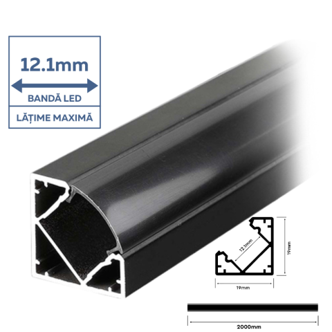 Profil Aluminiu de colț, aplicat pentru bandă LED, 2m, 19mm x 19mm, colț, corp negru, dispersor mat, V-TAC, SKU-2877 [1]