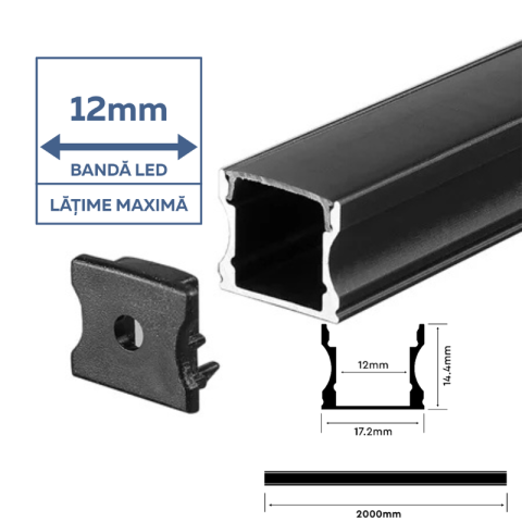 Profil Aluminiu Înalt, Aplicat pentru Bandă LED, 2m, 17.2mm x 14.4mm, corp negru, capac mat, V-TAC, SKU-2878 [1]