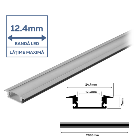 Profil Aluminiu Încastrat Bandă LED, Alb, 2m, 24.7x7mm – V-TAC 3368 [1]