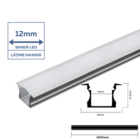 Profil Aluminiu Încastrat pentru Bandă LED, 2m, 23mm x 15.5mm, corp argintiu, capac mat, V-TAC, SKU-3351 [1]
