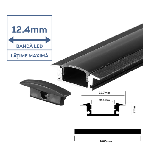 Profil Aluminiu Incastrat pentru Bandă LED, 2m, 24.7mm x 7mm, corp negru, capac mat, V-TAC, SKU-2875 [1]