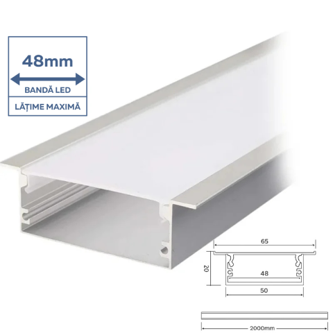 Profil Aluminiu Încastrat pentru Bandă LED, 2m, 50mm x 20mm, capac mat, corp argintiu, 5cm/2cm V-TAC, 23179 [1]