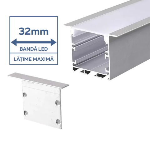 Profil Aluminiu Încastrat pentru Bandă LED, 2m, 50mm x 35mm, capac mat, corp argintiu, V-TAC 2871 [1]