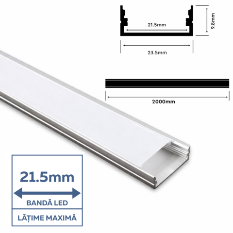 Profil Aluminiu Lat, Aplicat pentru Bandă LED, 2m, 23.5mm x 10mm, corp argintiu, capac mat, V-TAC, SKU-3352 [1]