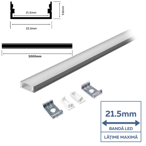 Profil Aluminiu Lat, Aplicat pentru Bandă LED, 2m, 23.5mm x 10mm, corp argintiu, capac mat, V-TAC, SKU-3367 [1]
