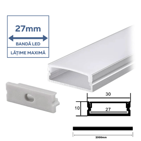 Profil Aluminiu Lat, Aplicat pentru Bandă LED, 2m, 30mm x 10mm, corp argintiu, capac mat, V-TAC, 23176 [1]