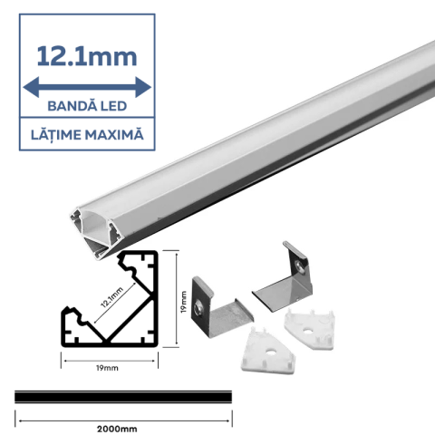 Profil aluminiu pentru banda Led, 2 Metri, de colt aplicat 19mm X 19mm, Capac Mat, V-TAC [1]