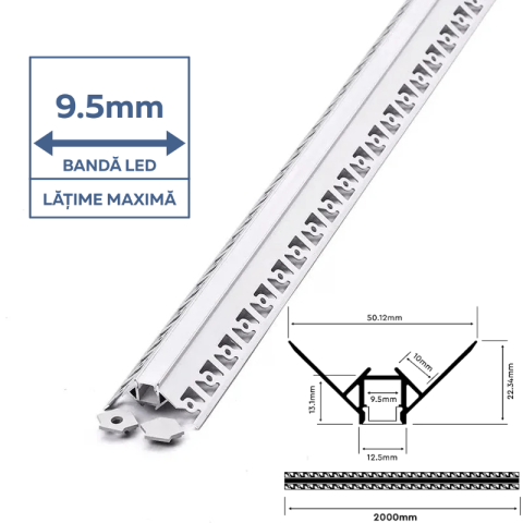 Profil aluminiu pentru bandă LED îngust, pentru rigips, montaj colț exterior, 2 metri, capac mat, corp argintiu, V-TAC, SKU-3361 [1]