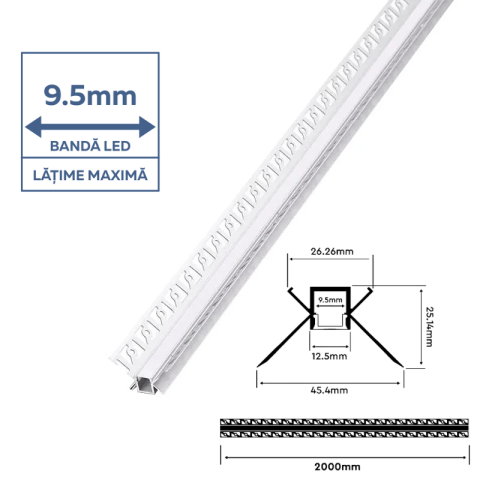 Profil aluminiu pentru bandă LED îngust, pentru rigips, montaj colț interior, 2 metri, capac mat, corp argintiu, V-TAC, SKU-3362 [1]
