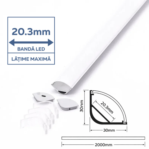Profil aluminiu pentru banda led pentru colt rotund,  montaj unghi 90GR, 2 Metri, Capac MAT, V-TAC [1]