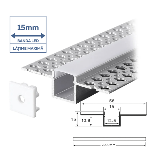 Profil banda led din aluminiu, ingust,  pentru rigips, incastrat, lungime 2 metri, V-TAC [1]