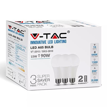 BECURI - Set 3 becuri led a65 e27 15w 6400k alb rece V-tac