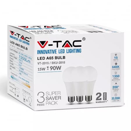 Set 3 becuri led a65 e27 15w 6400k alb rece V-tac [1]