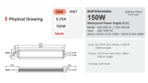 Sursă de alimentare impermeabilă Scharfer SCH-150-24 / IP67 / 24V / 6.25A / 150W 7 Ani Garantie [2]