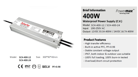 Sursă de alimentare impermeabilă Scharfer SCH-400-24 / IP67 / 24V / 16.7A / 400W 7 Ani Garantie [1]