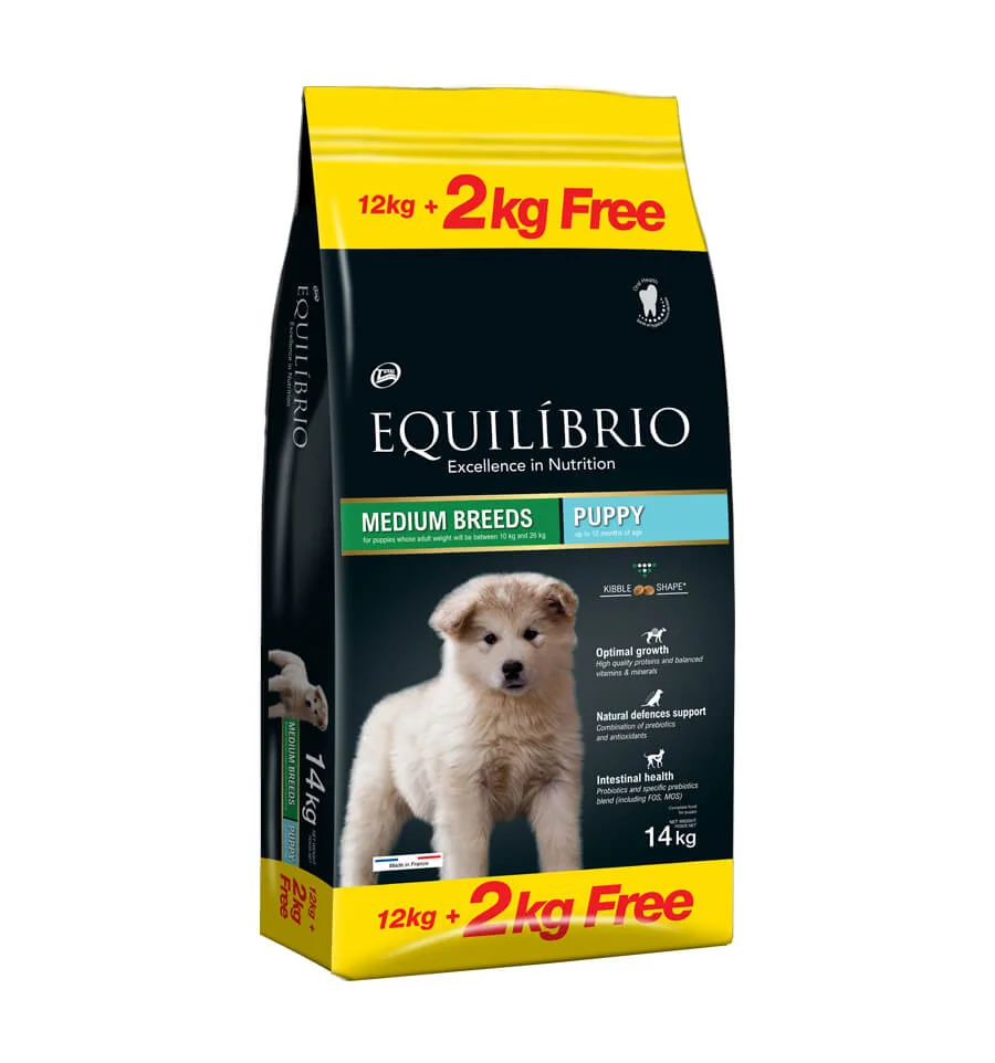 Hrana uscata caini - Hrana uscata pentru caini Equilibrio, Junior, Talie Medie, 12 + 2kg GRATIS