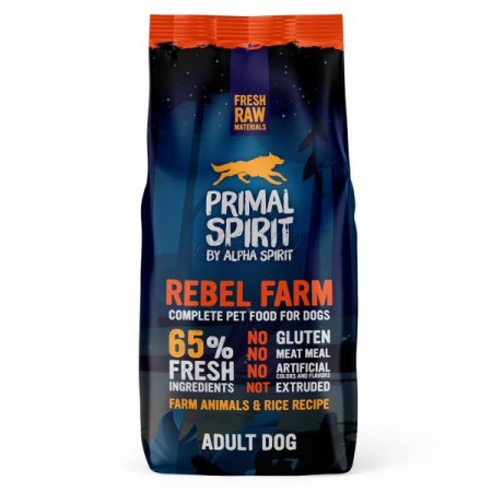 Hrana uscata caini - Primal Spirit Dog 65% Rebel Farm - pui și pește 12kg