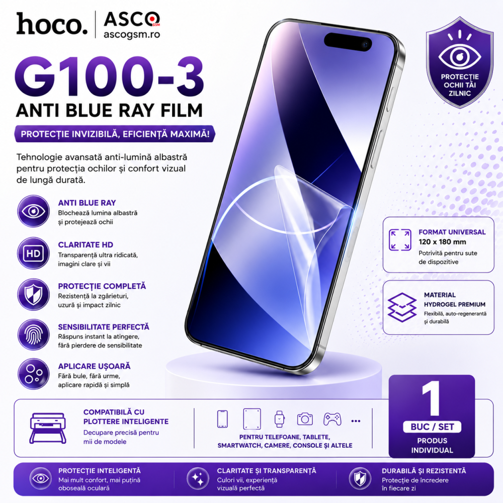 Folie Hydrogel HOCO G100-3 Anti Blue Ray pentru iPhone 17 – Decupată Precis [6]