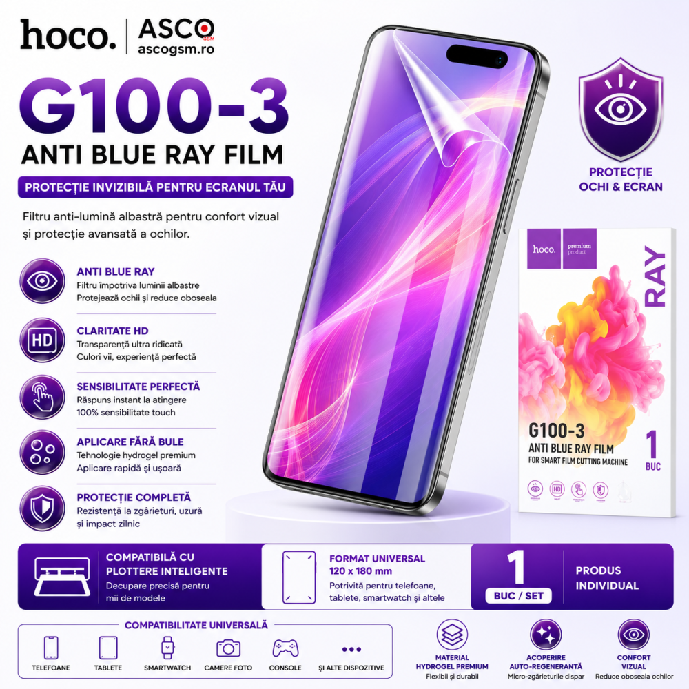 Folie Hydrogel HOCO G100-3 Anti Blue Ray pentru iPhone 17e – Decupată Precis [7]