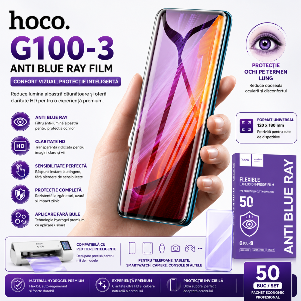 HOCO G100-3 Anti Blue Ray Hydrogel Film – Folie Bulk pentru Plotter / Cutter (50 Buc) [4]