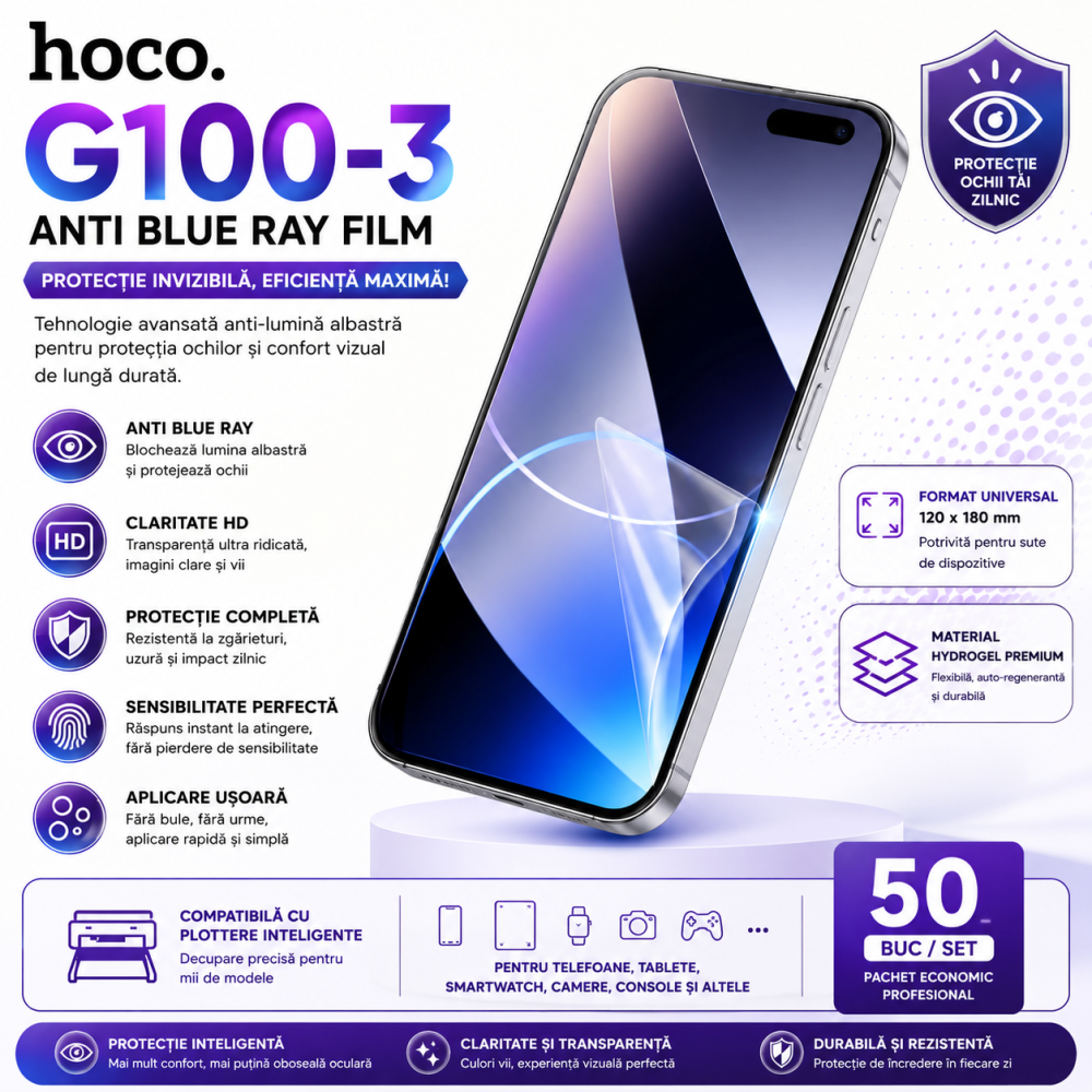 HOCO G100-3 Anti Blue Ray Hydrogel Film – Folie Bulk pentru Plotter / Cutter (50 Buc) [5]
