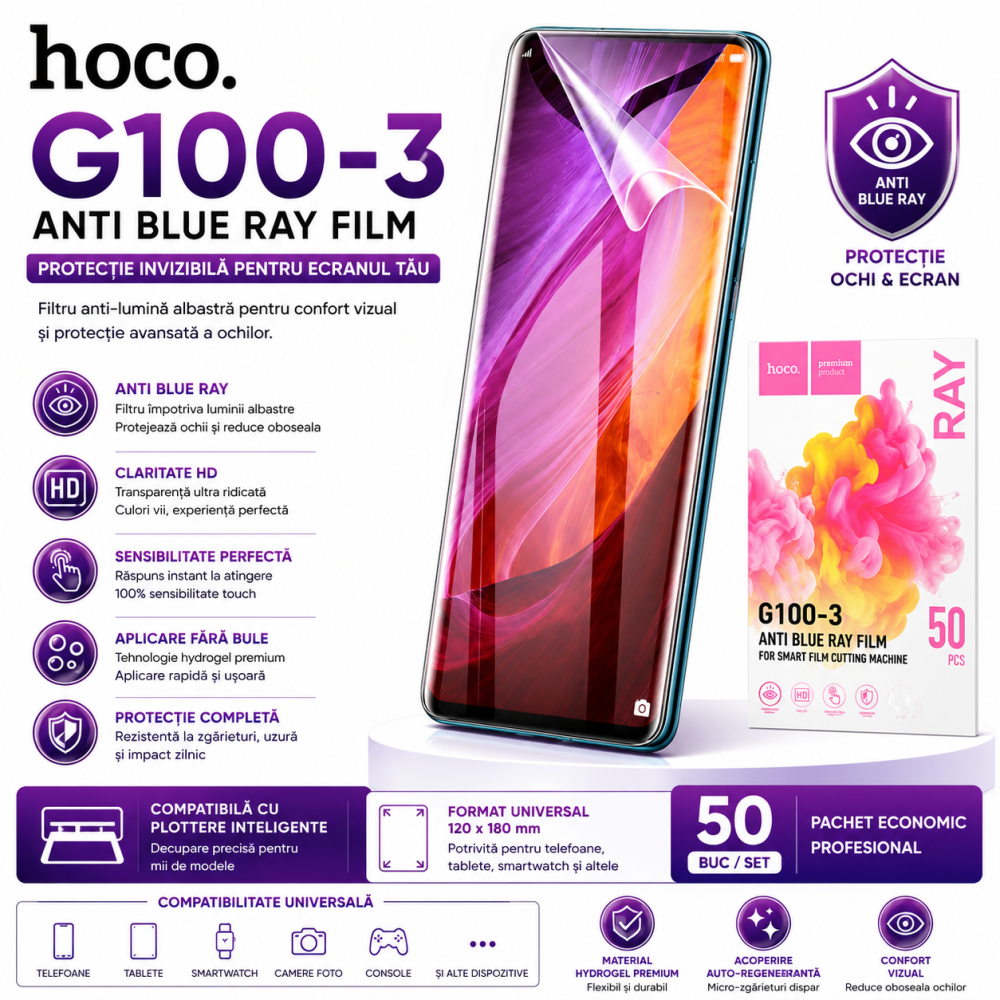 HOCO G100-3 Anti Blue Ray Hydrogel Film – Folie Bulk pentru Plotter / Cutter (50 Buc) [6]