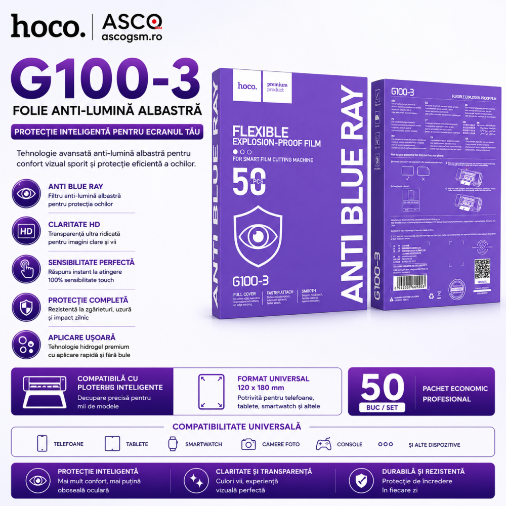 HOCO G100-3 Anti Blue Ray Hydrogel Film – Folie Bulk pentru Plotter / Cutter (50 Buc) [7]