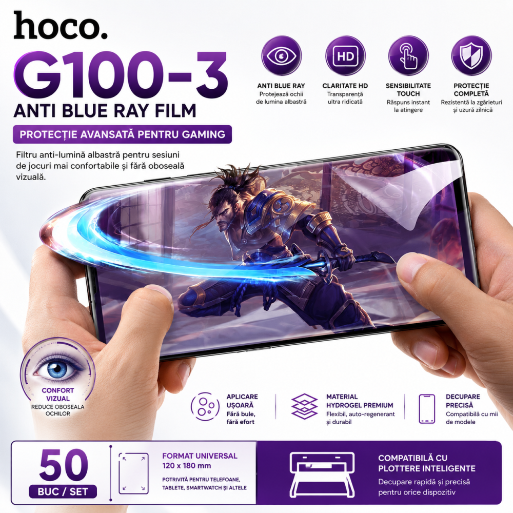 HOCO G100-3 Anti Blue Ray Hydrogel Film – Folie Bulk pentru Plotter / Cutter (50 Buc) [3]