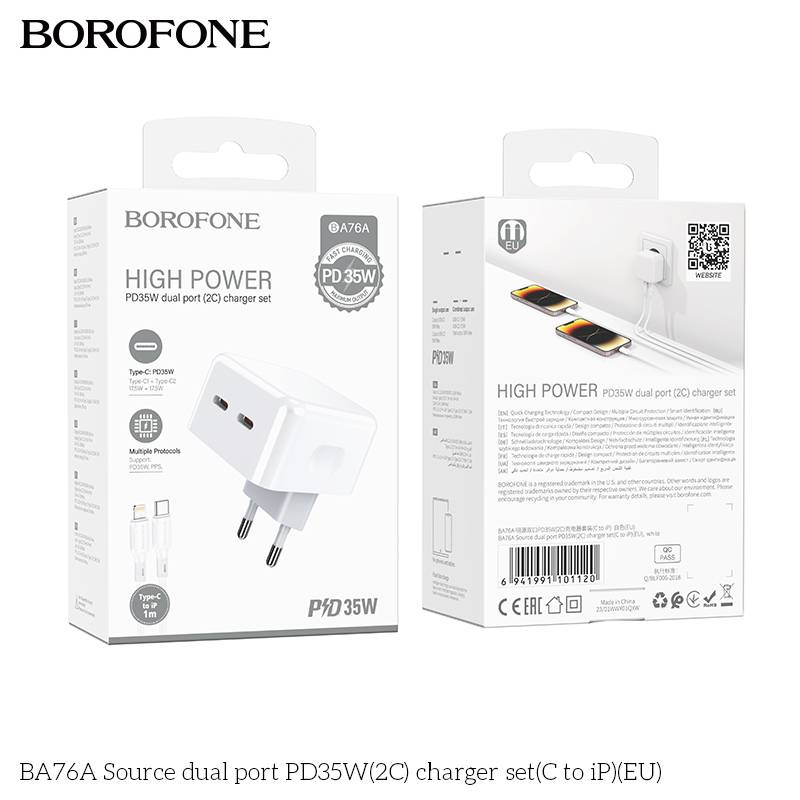 Incarcator retea, Borofone BA76A, PD35W,  Cablu Lightning, Dual USB Type-C, Type-C dual 17.5W/17.5W, Alb, Blister [2]