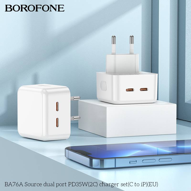 Incarcator retea, Borofone BA76A, PD35W,  Cablu Lightning, Dual USB Type-C, Type-C dual 17.5W/17.5W, Alb, Blister [10]