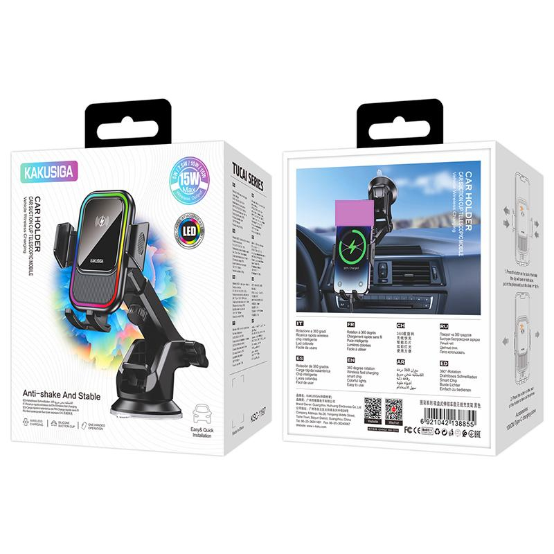 Suport auto cu încărcare wireless 15W, Kakusiga KSC-1197, LED, anti-shake, Black [2]