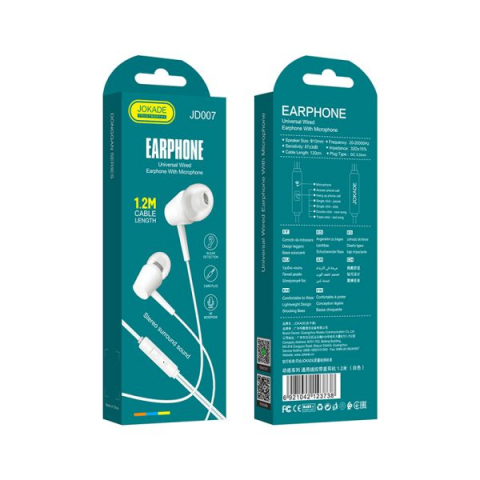 Casti Audio Mufa Jack 3,5mm - Căști Universale JOKADE JD007 – In-Ear cu Microfon, Jack 3.5mm, 1.2M, Alb