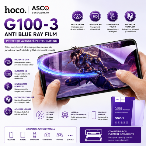 Folie Hydrogel HOCO G100-3 Anti Blue Ray pentru iPhone 17 Pro – Decupată Precis [3]