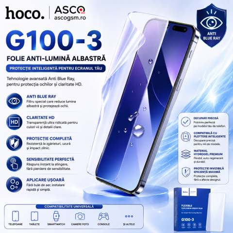 Folie Hydrogel HOCO G100-3 Anti Blue Ray pentru iPhone 17 Pro – Decupată Precis [2]
