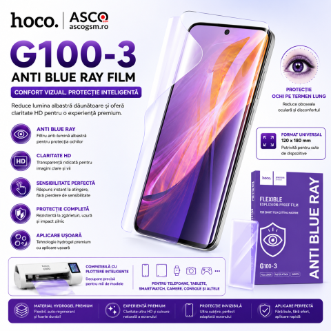 Folie Hydrogel HOCO G100-3 Anti Blue Ray pentru iPhone 17e – Decupată Precis [4]