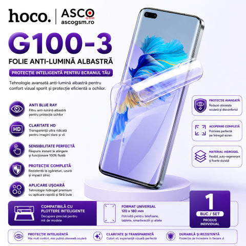 Folii Samsung - Folie Hydrogel HOCO G100-3 Anti Blue Ray pentru Samsung Galaxy S26 Ultra, SM-S948B – Decupată Precis