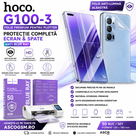 Folii Telefoane Pachet (Pack) - HOCO G100-3 Anti Blue Ray Hydrogel Film – Folie Bulk pentru Plotter / Cutter (50 Buc)