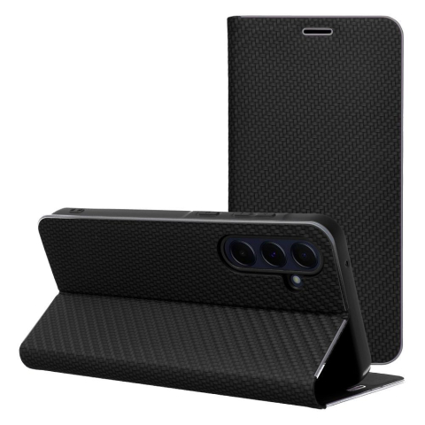 Husă Tip Carte Luna Book Carbon pentru Huawei Y6 2019 – Închidere Magnetică, Stand Video, Protecție Completă, Negru [5]