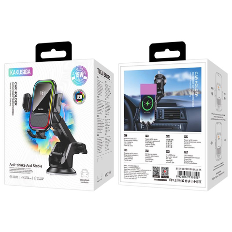 Suport auto cu încărcare wireless 15W, Kakusiga KSC-1197, LED, anti-shake, Black [1]