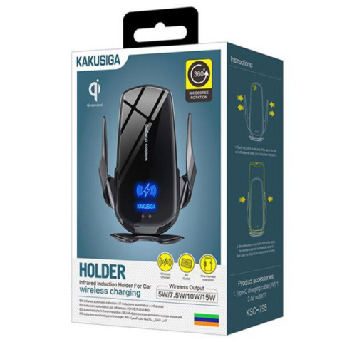 Suport Auto Wireless, Kakusiga KSC - 795, 15W, cu cleme laterale, montaj Ventilatie, cablu USB-C, 1m, AutoSensor Lock, Negru [1]
