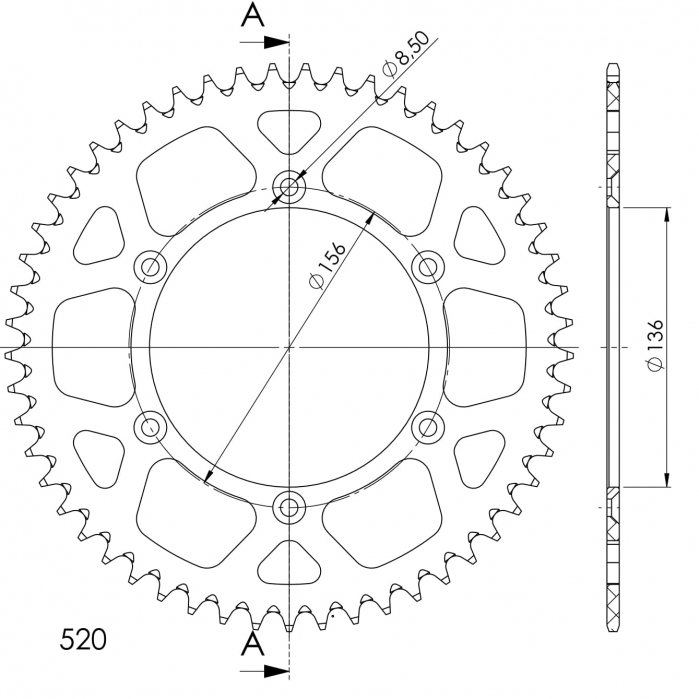 Rear ALU sprocket SUPERSPROX RAL-1512:52-RED Rosu 52T, 520 [2]